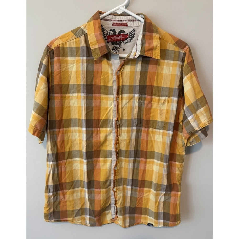 Y2K VTG Billabong Men's Short Sleeve Plaid Shirt Cotton Grunge Skate Yellow LG
